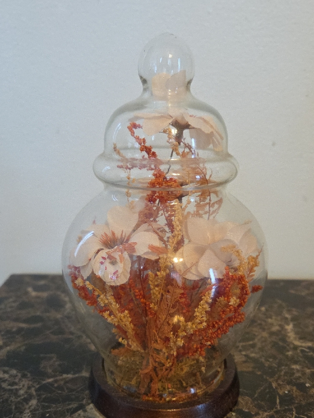 Vintage Glass Dome Floral Display with Soft Pink and Orange Dried Flowers